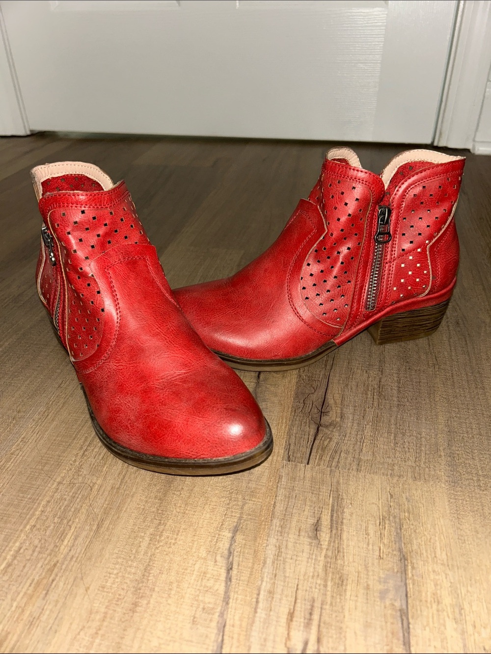 Women's Red Perforated Ankle Booties with Side Zipper
